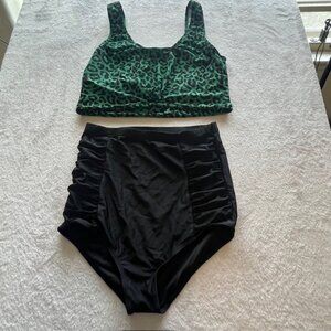 Coral Reef Swimsuit- Black Bottoms- Size L, Green Leopard Print Top- Size  L